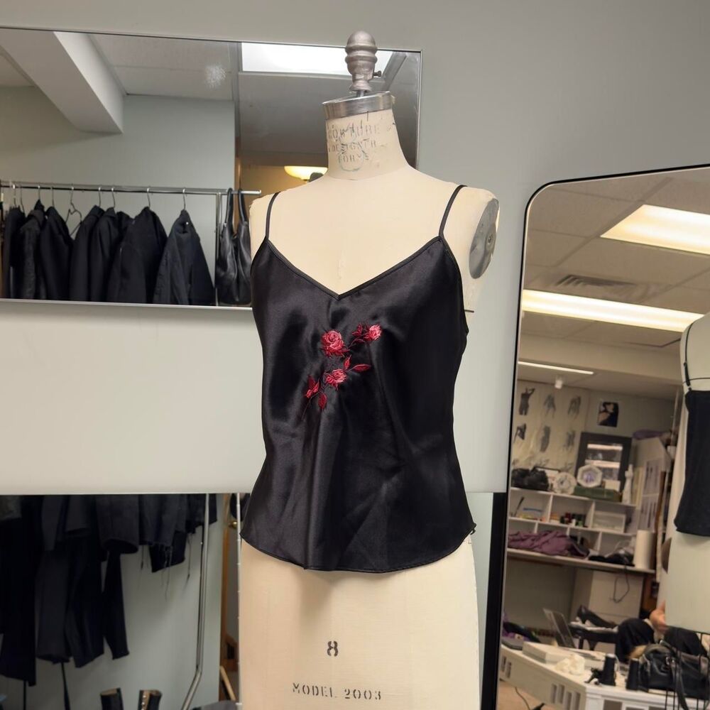 Black Satin Rose Embroidered Slip Tank Top